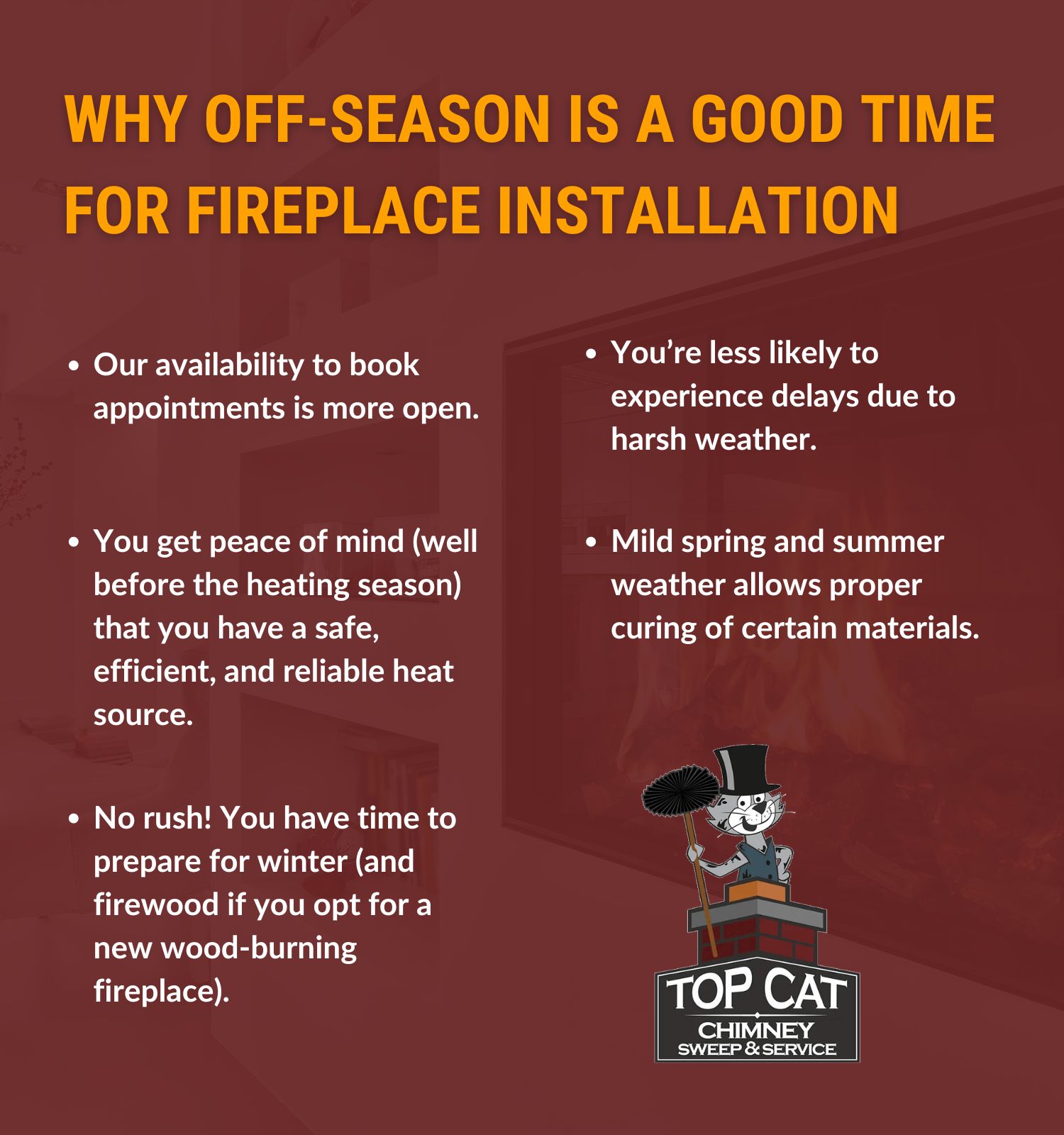 original infographic stating why the off season in a good time for fireplace installation